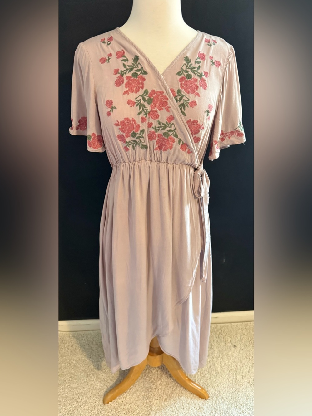 JessaKae Mauve Pink Wrap Maxi Dress with Floral Embroidery Medium